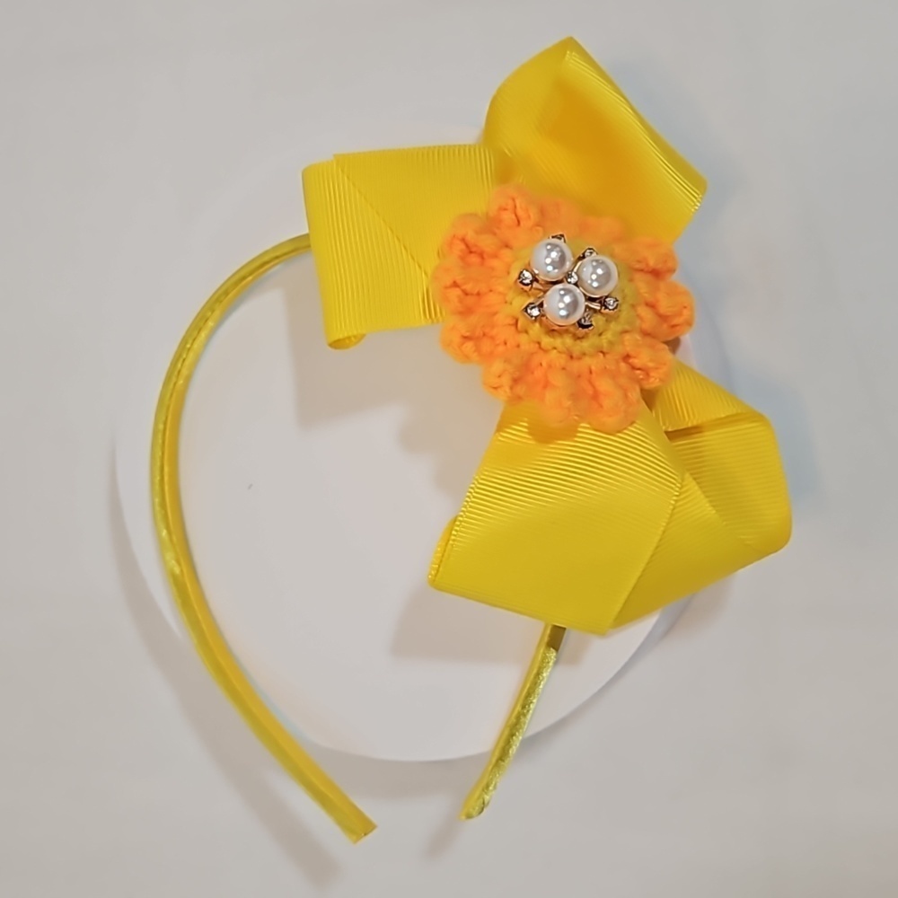 Hand Crafted yellow bow hairband hand  crochet flower faux pearls beads floral - Picture 5 of 17